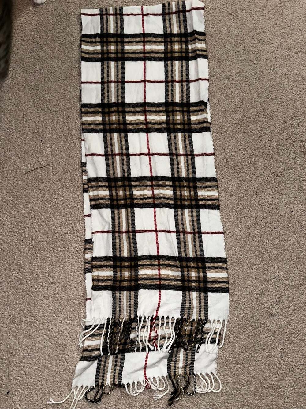 V Fraas Cashmink Ivory Plaid Scarf with Fringe